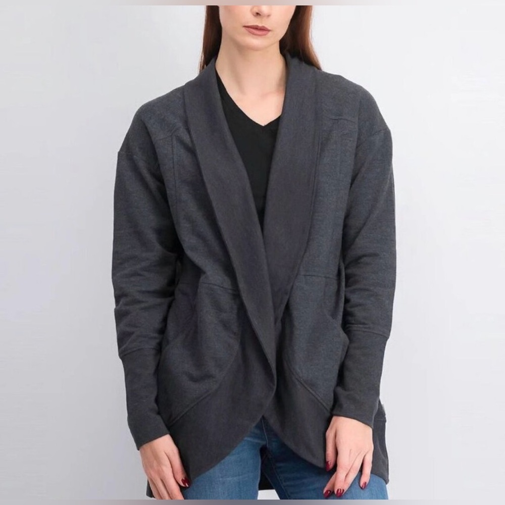 Eddie Bauer Cardigan Open Front Camp Fleece Wrap Pockets Gray Charcoal Women L